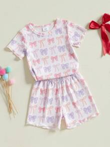 Toddler Girls Ribbed Shorts Set Bow/Heart Print Short Sleeve Round Neck Tops Elastic Waistband Shorts - 紫色 - 查看 5