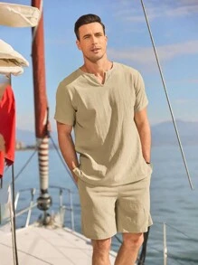 Men's Casual Solid Color Short Sleeve T-Shirt And Shorts Set - Beige - View 1