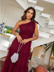 Long Party Dress Three Marias Tulle Ruffle Zero Sleeve One Shoulder Bridesmaid Prom Elegant Event Guest Birthday Debutante - 酒紅色 - 查看 2