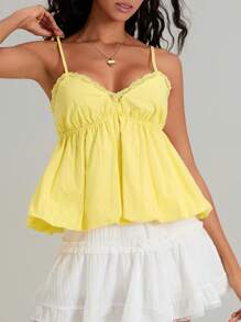 Women's Sweet Slim Camisole Spaghetti Strap Lace Trim V-Neck Flowy Hem Tank Tops - Yellow - View 8