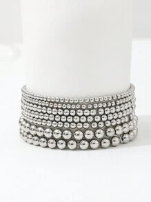 Conjunto de 7 brazaletes de cuentas elásticos, incluye varias tallas y formas de decoración de CCB - Plateado - Ver 3