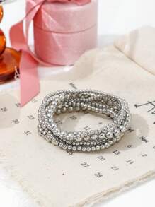 Conjunto de 7 brazaletes de cuentas elásticos, incluye varias tallas y formas de decoración de CCB - Plateado - Ver 2