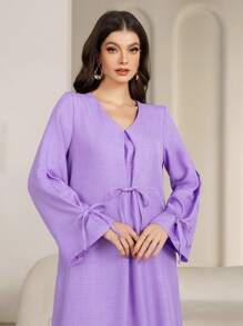 Women's V-Neck Drawstring Elegant Long Sleeve Robe Abaya Modest Kafftan Jalabiya Arabian Dresses - Purple - View 4