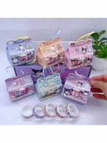 Sanrio 1 Box Of Sanrio Kuromi 5-In-1 Paper Tape, Parcha Dog Big Ear Dog DIY Material Sticker, Meileti Handbag Sticker, Cartoon Handbag Sticker Tape, Small Gift Box, Children's Girl Reward Gift, Paper Handbag Sticker, Drawing Paper Tape, Student Creative DIY Tape