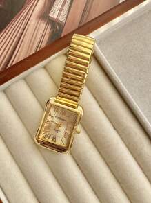 1 件女士时尚优雅金色桶形不锈钢金色表盘罗马数字石英模拟腕表，适合日常装饰 - 金色 - 查看 2