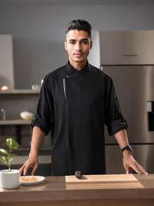 1pc Men's Premium Chef Shacket, Gray Trim With Hidden Buttons, Work Uniform For Hotel, Restaurant, Cafe, Bakery, And Beverage Shop