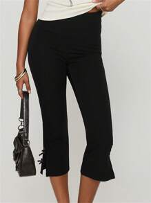 Women Y2K Summer Side Split Capri Pants Casual Solid Color Cropped Pants Stretch Leggings 80S 90S Vintage Aesthetic Clothes Streetwear - 黑色 - 查看 2