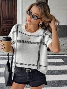 Knit Mix Loose Casual Women Pullover Sweater, Plaid Pattern Round Neck Oversized Knitted Top, Commuting Style (Random Stripes) - White - View 5