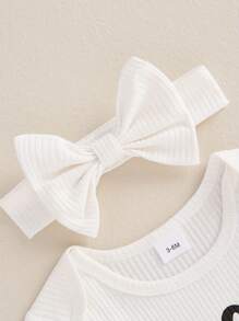 Newborn Baby Girls Rompers Knit Round Neck Long Sleeve Infant Fall Jumpsuits With Headband Coming Home Outfit - 白色 - 查看 5