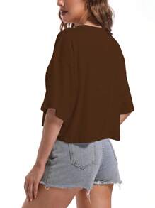 QGEMANWU Women's Comfy Basic Workout Gym Short Sleeve Crop Tops Loose Casual Oversized T-Shirts - 咖啡色 - 查看 3