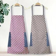 Sleeveless Apron With Large Pocket,Waterproof,Plaid Design,Easy To Clean,Perfect For Home - Brown - View 9