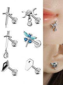 1pc Dragonfly Moon Sword Shaped Inner Screw Lip Stud, Ear Stud, Suitable For Men And Women As Halloween, Valentine's Day, Thanksgiving, Birthday Gift, Suitable For Girlfriend, Wife Gift, Suitable For Shopping, Work, Dating, Beach, Dance And Everyday Wear, Mom, Mother, Mother's Day, Gift