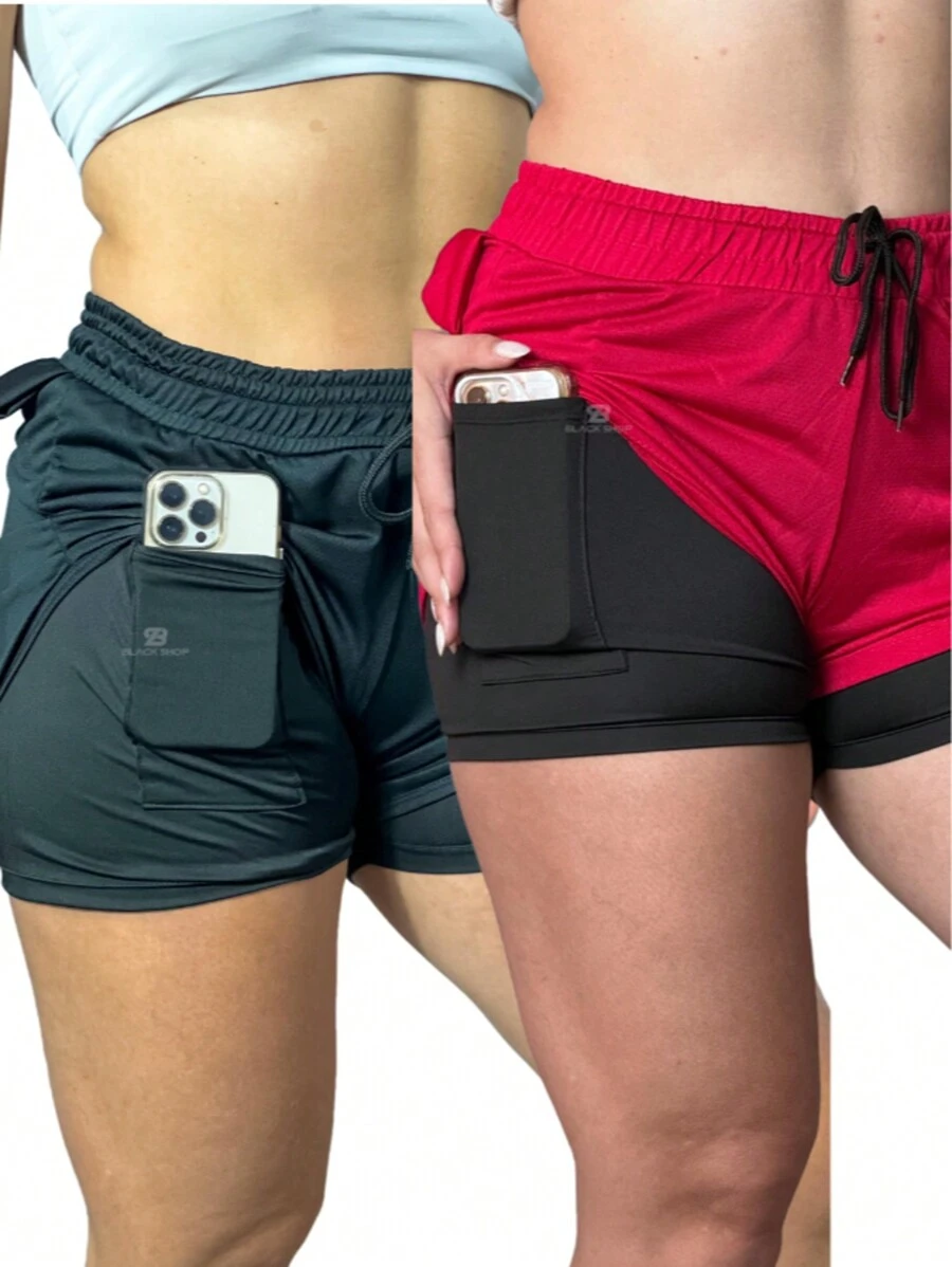 Women's 2 In 1 Shorts Men's Gym Running Workout Shorts With Elastane - 藕粉色 - 查看 1
