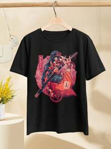 Sutorito Samurai Contemporary Tattoos of a Female Warrior with a Fierce Expression Japanese Influence Katana Modern Samurai in Traditional Armor against a Pink Backdrop with Vibrant Colors for Women's women T-women's Shirt - Negro - Ver 2