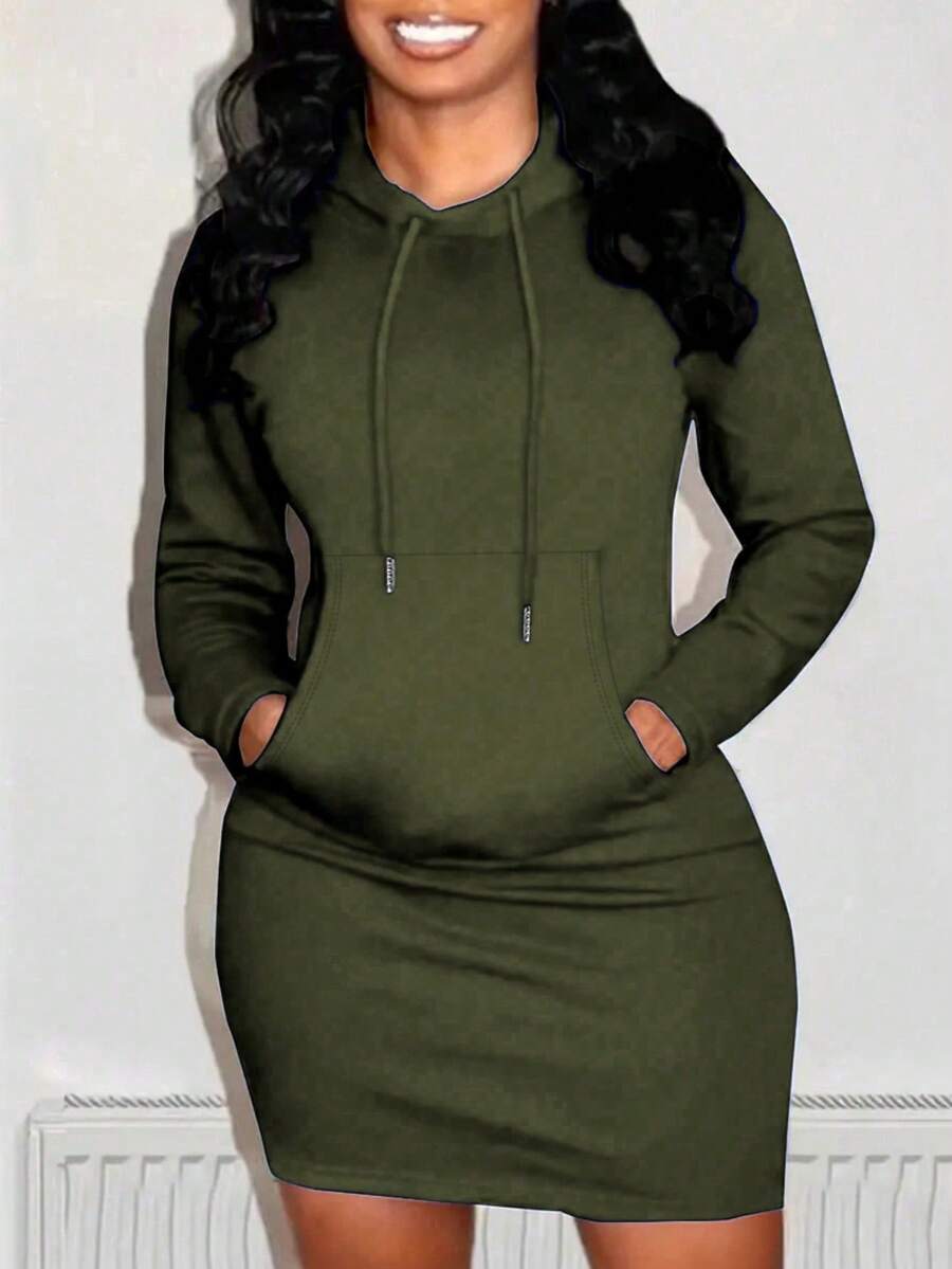 Plus Size Women Hooded Long Fitted Pocket Sweatshirt - Army Green - View 1