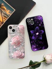 Flower Phone Case 2pcs Couples Sparkling Pink Rose Painted Anti-Fall Phone Case Compatible With Iphone 14 Pro Max, 13, 11, XR, 7/8, Galaxy S24, A04, A12, A13, A14, A21s, A22, A23, A24, A32, A33, A34, A51, A52, A53, A54, A71, A72, A73, S20 FE, S21, S22, Redmi 9, 9A, 10A, 10C, Note 9, Note 10, Note 11, Note 12, 12, 12C