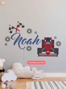 1pc Personalized Racing Car Themed Wall Decal Sticker, Art Decoration For Boys Room, Kids Bedroom, Nursery, Playroom, Gift, Living Room, Easy To Peel And Stick - Red - View 2