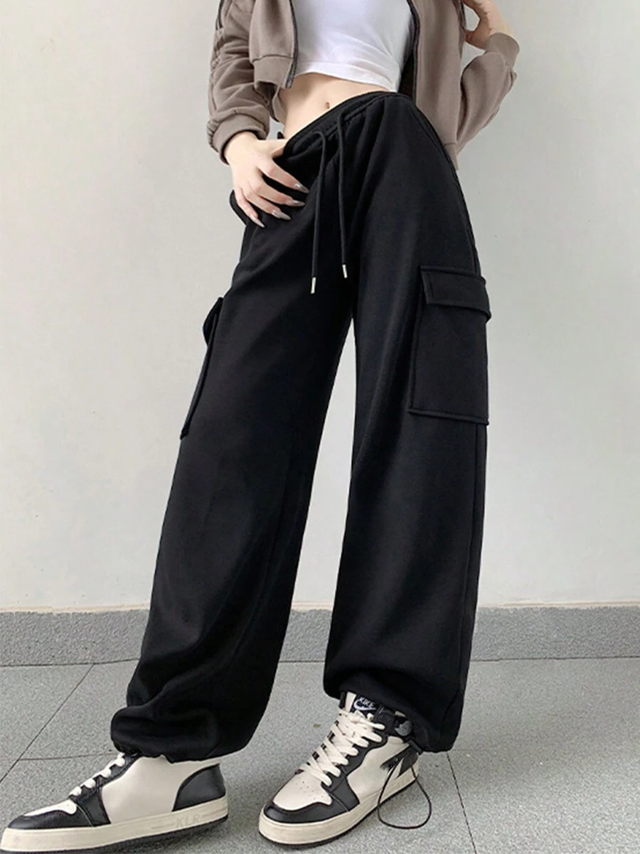 Pantalones de pierna ancha con cordón para deporte suelto, primavera y otoño, mujer - Negro - Ver 1