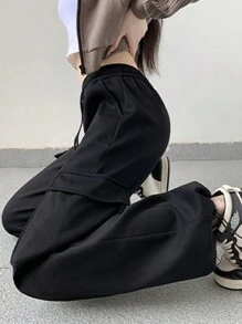 Pantalones de pierna ancha con cordón para deporte suelto, primavera y otoño, mujer - Negro - Ver 4