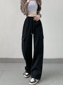 Pantalones de pierna ancha con cordón para deporte suelto, primavera y otoño, mujer - Negro - Ver 3