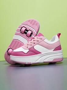 Fashionable Kids' Roller Skate Shoes, 4-Wheels Detachable Outdoor Student Skateboard Shoes, Casual Athletic Sneakers For Teenagers, Suitable For All Seasons - Hot Pink - View 4