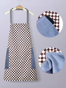 Sleeveless Apron With Large Pocket,Waterproof,Plaid Design,Easy To Clean,Perfect For Home - Brown - View 2