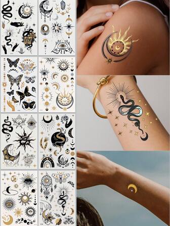 Tiebeauty 8 hojas de pegatinas temporales metálicas doradas, pegatinas impermeables de serpiente, sol, sí y luna, pegatinas doradas y plateadas para maquillaje corporal, rostro, manos, brazos y cuello