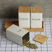3 件装咖啡豆储存瓶配竹盖简约风格金属茶咖啡糖储存罐茶叶罐密封容器厨房收纳用品 - 彩色 - 查看 5