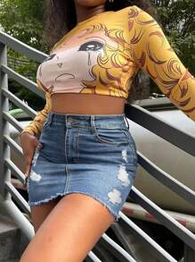 Women Stretch Casual High Waisted Denim Short Skirt Cute A Line Mini Pencil Skrit - Rửa nhẹ - Xem 4
