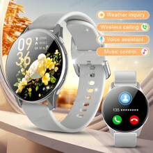 1 件硅胶表带运动智能手表，1.5 英寸圆形高清全屏触摸，计步器，卡路里，多种运动模式，闹钟，呼叫和消息通知，兼容 Android 和 IOS，是送给家人、朋友、男士和女士的绝佳礼物 - 銀色 - 查看 2