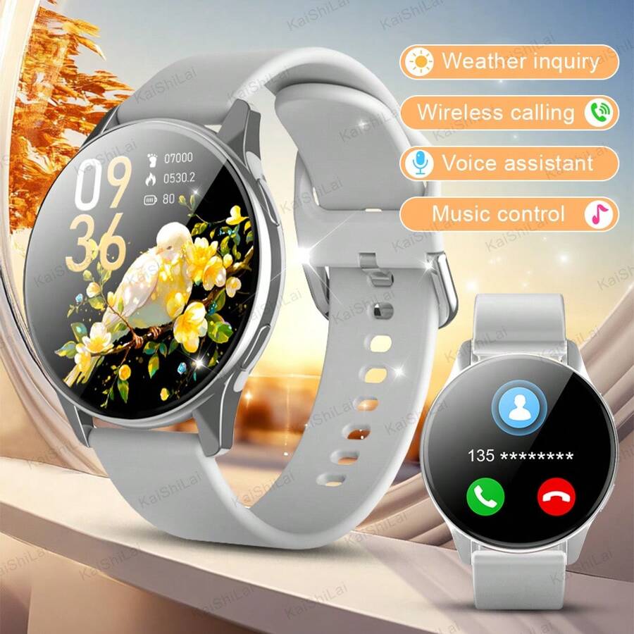 1 件硅胶表带运动智能手表，1.5 英寸圆形高清全屏触摸，计步器，卡路里，多种运动模式，闹钟，呼叫和消息通知，兼容 Android 和 IOS，是送给家人、朋友、男士和女士的绝佳礼物