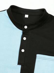 男士纯色短袖亨利领 Polo 衫，时尚休闲 - 藍色 - 查看 4