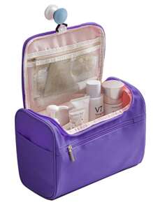 1 个大容量洗漱包，牛津布制成，防水便携，产品尺寸：25 * 17 * 13CM，存储功能强，带手柄和挂钩，双拉链设计，轻巧方便，非常适合商务或家庭旅行、户外活动、露营或度假，适合放在手提箱中 - 紫色 - 查看 3