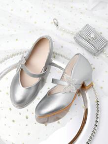 Edición limitada de Año Nuevo 2025 Tacones de princesa estilo infantil con lentejuelas doradas para pasarelas, tacones altos de estudiante para viajes diarios y uso con vestidos de fiesta, apropiados para otoño e invierno, tacones altos infantiles con decoración de moño con lentejuelas doradas, tacones altos para adolescentes