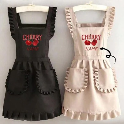 1pc Custom Printed Fashionable Korean Style Apron, Waterproof And Stain-Resistant, Cute Lace Skirt Apron, Black Anti-Stain Sleeveless Apron, Suitable For Home, Kitchen, Nail Salon, Cooking, Baking, Nail Salon, Ladies Workwear, Coffee Smock, Household Cooking Cleaning Sleeveless Bib Apron, Household Harmony