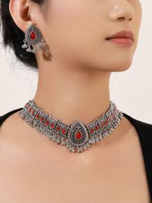 1 件复古风格闪亮宝石孔雀翼吊坠项链和 1 对配套宝石耳环，女士夸张珠宝套装 - 首飾套裝 - 查看 3