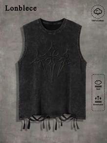 Lonblece Men's Vintage Distressed Sleeveless T-Shirt With Acid-Washed Detail, Suitable For Casual Daily Wear, Spring/Summer, Emo, 2000s Style - Black - View 1