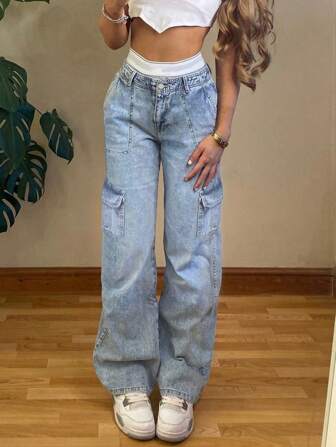 Damskie modne jeansy Street Trend Mid-Rise Pocket Work Wear Straight Leg