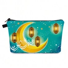 1pc Bolsa de maquiagem impressa Eid Mubarak do Oriente Médio, material macio com abertura com zíper, organizador de cosméticos de viagem portátil, presente de festival para mulheres e meninas