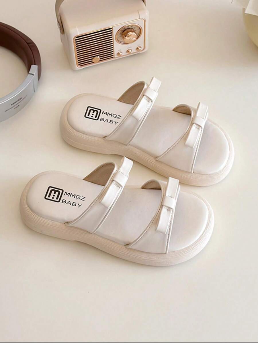 1 双女孩蝴蝶结简约时尚平底凉鞋，适合夏季 - 米色 - 查看 1