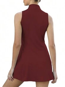 Ladies Summer Sports Suit, Women Solid Color Zipper Stand Collar Sleeveless Slim Tennis Short Skirt + Shorts Set - Burgundy - View 5