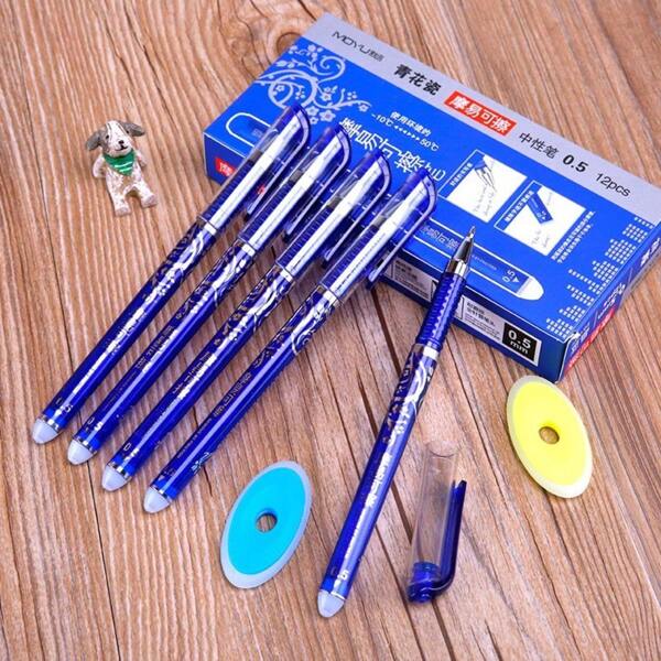 12 unidades de bolígrafos de tinta borrable, punta de 0.5mm recargables de tinta azul, bolígrafos mágicos borrables, punta de metal, artículos de oficina y escolares