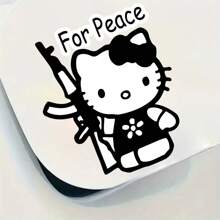 Sanrio 1 peça de adesivo Hello Kitty segurando uma AK-47 com slogan "Pela Paz", decalque para laptop, carro, caminhão, motocicleta, telefone, computador, decoração "Rejeite a Guerra", ideia de presente para amante, amigo, família