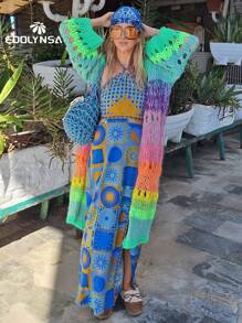 Abrigo colorido bohemio tejido a mano de lujo con mangas campana, cárdigan tipo kimono de ganchillo, tejido otoño invierno 2024