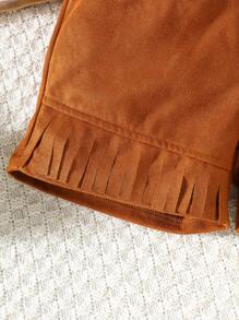 2pcs/Set Girls Spring/Summer Fashion Vintage Casual Round Neck Apricot Short Cap Sleeve Top With Front Brown Letter Print Design, Matching Brown Deer Velvet Elastic Waist Fringe Hem Loose Shorts