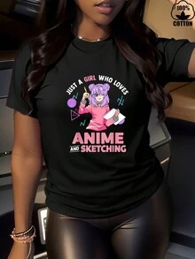 Happy Valentine'S Day Women's Just A Girl Who Loves Anime And Sketching T-Shirt, Women's 220g Round Neck Casual Heavy Pure Cotton T-Shirt (1 PC)