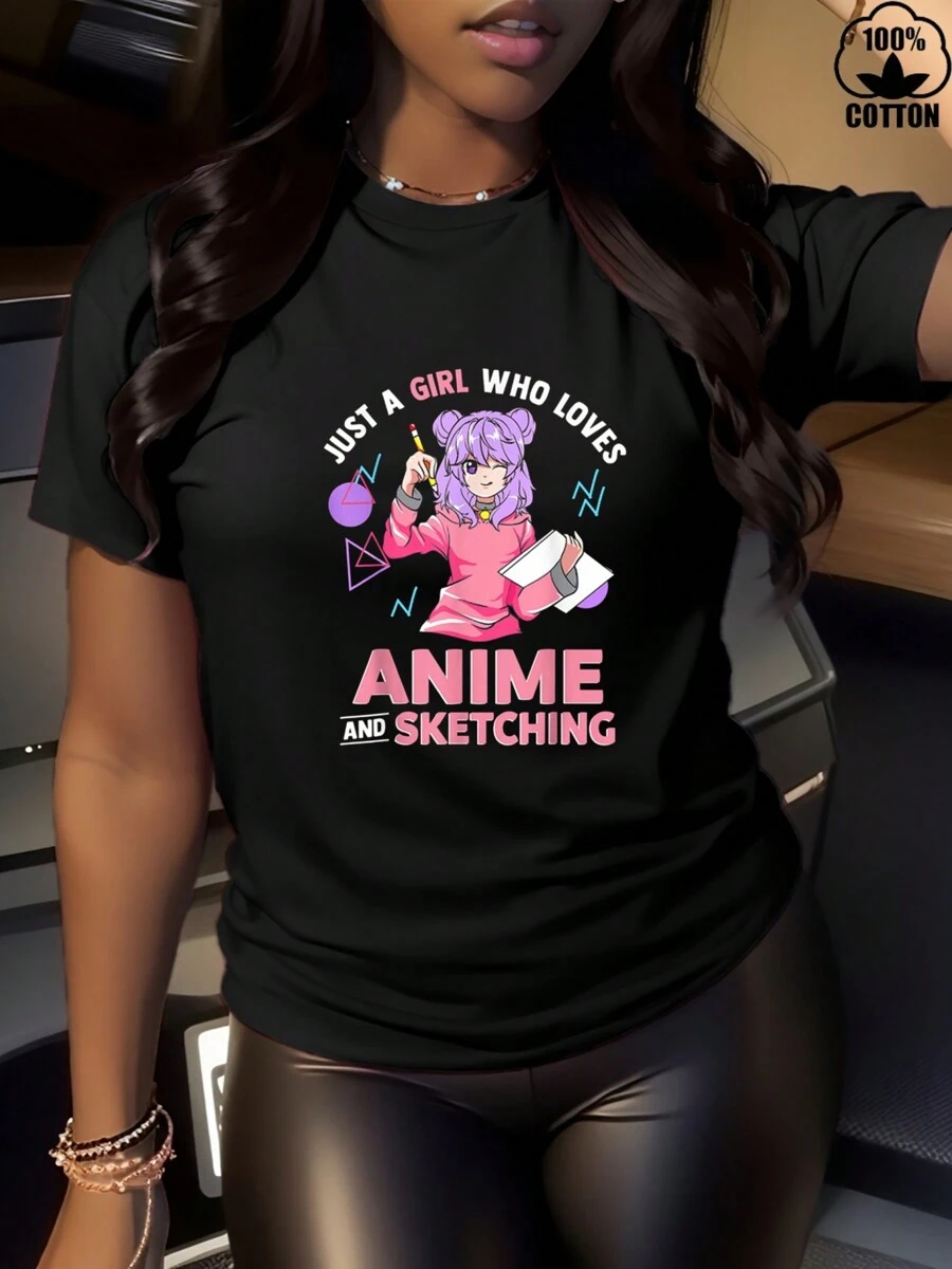Happy Valentine'S Day Women's Just A Girl Who Loves Anime And Sketching T-Shirt, Women's 220g Round Neck Casual Heavy Pure Cotton T-Shirt (1 PC)