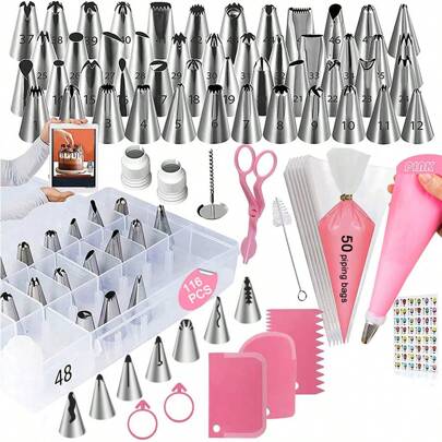 116件蛋糕装饰工具，包含裱花嘴、裱花袋、抹刀等厨房工具，并附赠收纳盒。适用于黄油、糖霜、奶酪、面团、糕点DIY、生日派对、家庭聚会、节日庆典等场合。是烘焙爱好者和专业人士的理想礼物，适合万圣节和圣诞节。