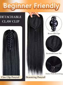 molletta per coda di cavallo con estensioni di capelli umani, estensioni per coda di cavallo finte, estensioni per capelli dritti lunghi in Remy reali per donne, accessori per capelli con molletta - Natural Black - Visualizzare 2