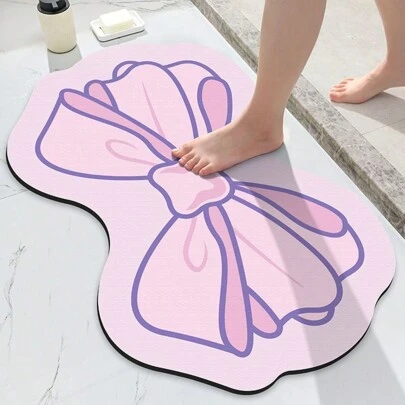 1粉色蝴蝶结浴室地毯硅藻泥防滑吸水浴室垫，采用蝴蝶主题地毯装饰，适用于厨房或客厅，易于机洗，为母亲节家居装饰增添节日气氛。